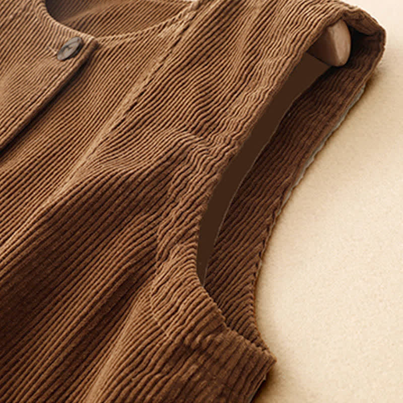 Buddha Stones Fall Winter Casual Vintage Button-Up Solid Corduroy Tank Top Women's Vest With Pockets - image 3