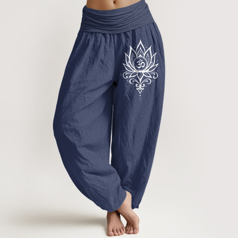 Buddha Stones Pure Cotton White Lotus Om Pattern Women's Elastic Waist Harem Pants - DarkSlateBlue - US16,UK/AU20,EU48 (3XL) - image 0