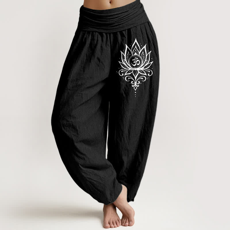 Buddha Stones Pure Cotton White Lotus Om Pattern Women's Elastic Waist Harem Pants - Black - US16,UK/AU20,EU48 (3XL) - image 5