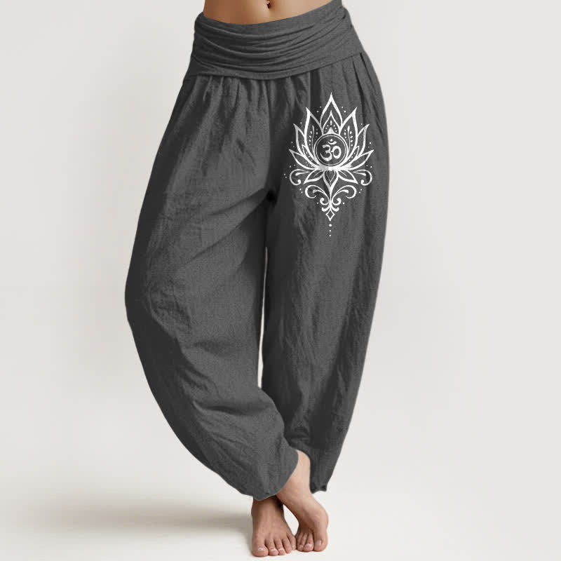 Buddha Stones Pure Cotton White Lotus Om Pattern Women's Elastic Waist Harem Pants - DimGray - US16,UK/AU20,EU48 (3XL) - image 8