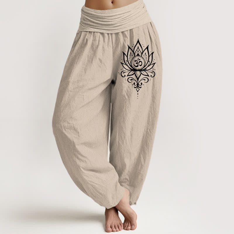 Buddha Stones Pure Cotton White Lotus Om Pattern Women's Elastic Waist Harem Pants - Tan - US16,UK/AU20,EU48 (3XL) - image 11
