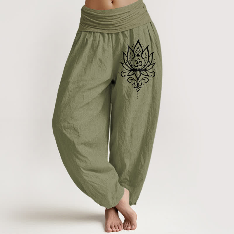 Buddha Stones Pure Cotton White Lotus Om Pattern Women's Elastic Waist Harem Pants - OliveDrab - US16,UK/AU20,EU48 (3XL) - image 14