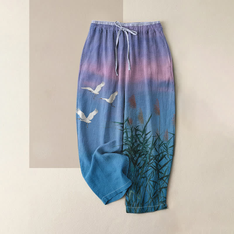Buddha Stones Pure Cotton Bamboo Crane Pattern Women's Elastic Waist Pants With Pockets - CornflowerBlue - US16,UK/AU20,EU48 (3XL) - image 0