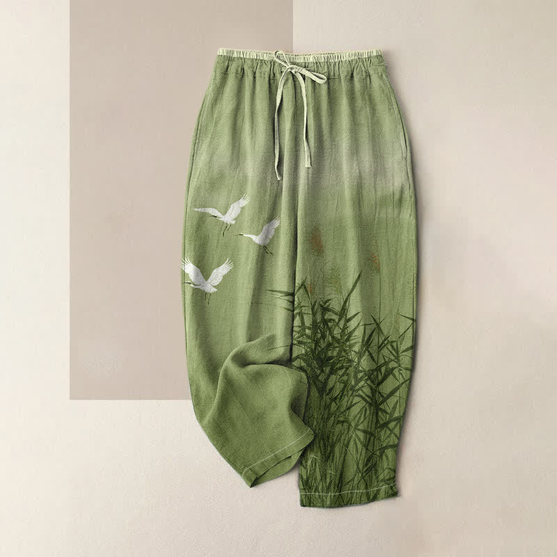 Buddha Stones Pure Cotton Bamboo Crane Pattern Women's Elastic Waist Pants With Pockets - DarkSeaGreen - US16,UK/AU20,EU48 (3XL) - image 3