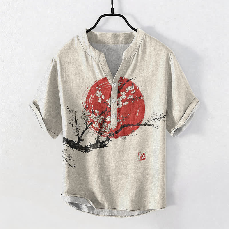 Buddha Stones Cotton Ink Plum Blossom Sun Pattern Men's Short Sleeve Half Button Shirt - Linen - US/UK/AU50,EU60 (5XL) - image 0