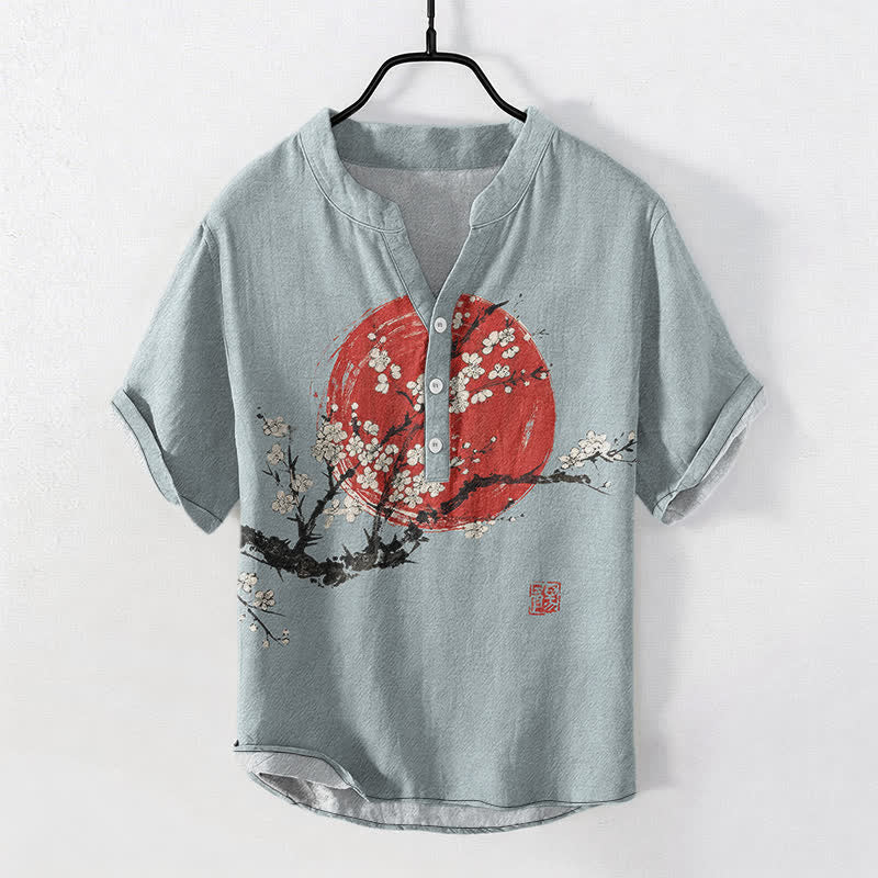 Buddha Stones Cotton Ink Plum Blossom Sun Pattern Men's Short Sleeve Half Button Shirt - LightBlue - US/UK/AU50,EU60 (5XL) - image 5