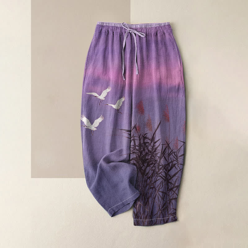 Buddha Stones Pure Cotton Bamboo Crane Pattern Women's Elastic Waist Pants With Pockets - MediumPurple - US16,UK/AU20,EU48 (3XL) - image 4