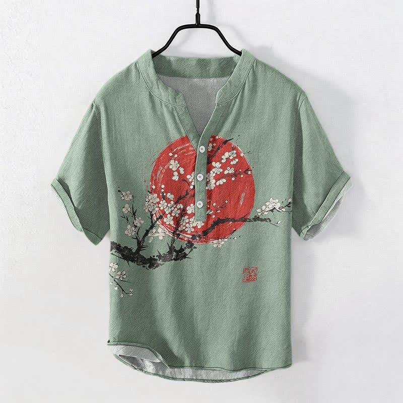 Buddha Stones Cotton Ink Plum Blossom Sun Pattern Men's Short Sleeve Half Button Shirt - DarkSeaGreen - US/UK/AU50,EU60 (5XL) - image 7
