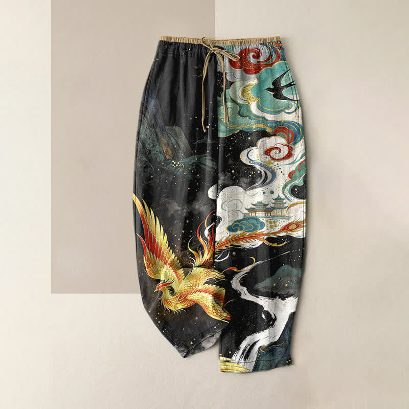 Buddha Stones Pure Cotton Elegant Phoenix Cloud Pattern Women's Elastic Waist Pants With Pockets - Black - US16,UK/AU20,EU48 (3XL) - image 0