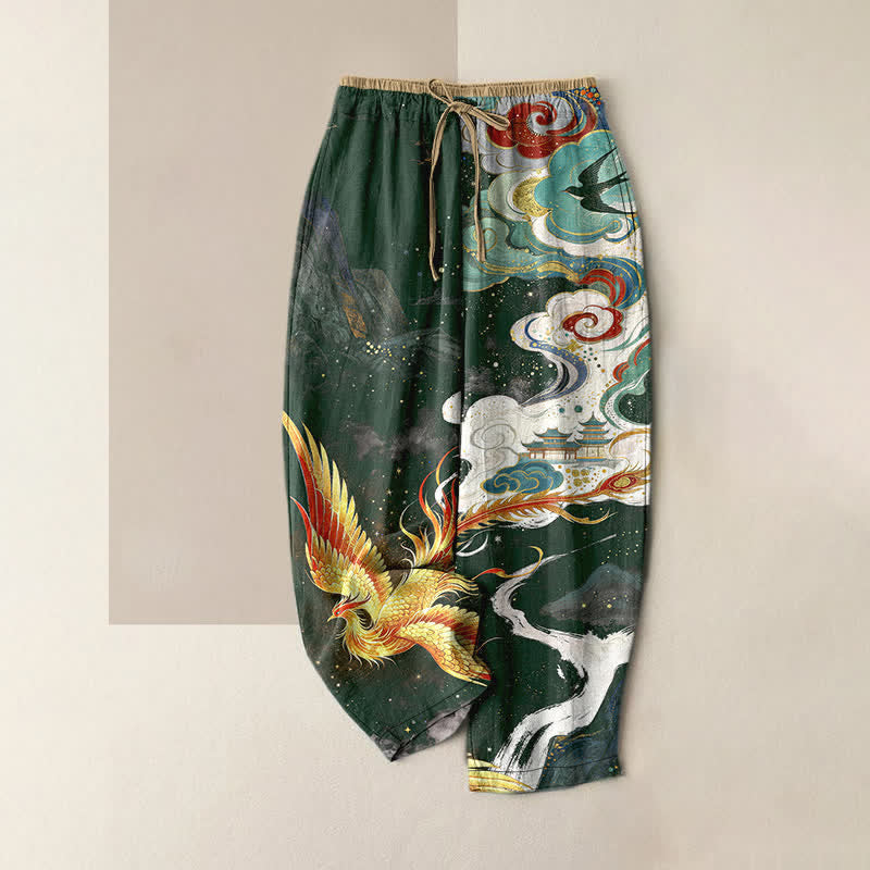 Buddha Stones Pure Cotton Elegant Phoenix Cloud Pattern Women's Elastic Waist Pants With Pockets - DarkGreen - US16,UK/AU20,EU48 (3XL) - image 4