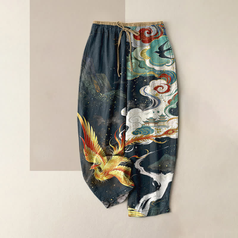 Buddha Stones Pure Cotton Elegant Phoenix Cloud Pattern Women's Elastic Waist Pants With Pockets - MidnightBlue - US16,UK/AU20,EU48 (3XL) - image 5