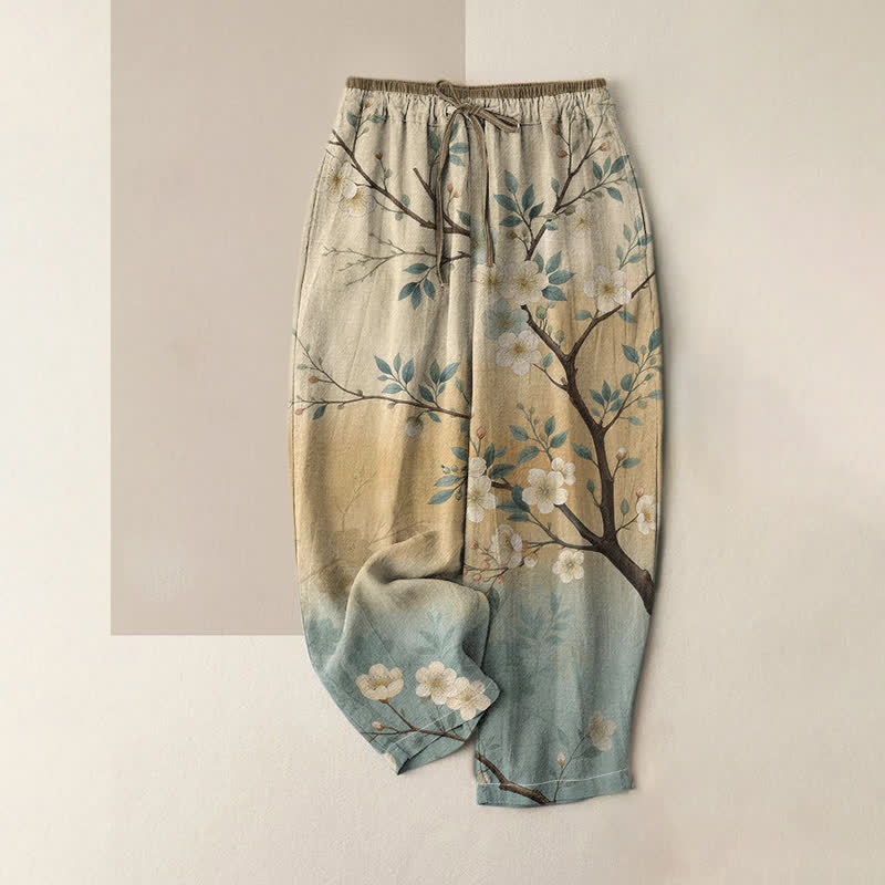 Buddha Stones Pure Cotton Ink Blossom Branch Pattern Women's Elastic Waist Pants With Pockets - Beige - US16,UK/AU20,EU48 (3XL) - image 0