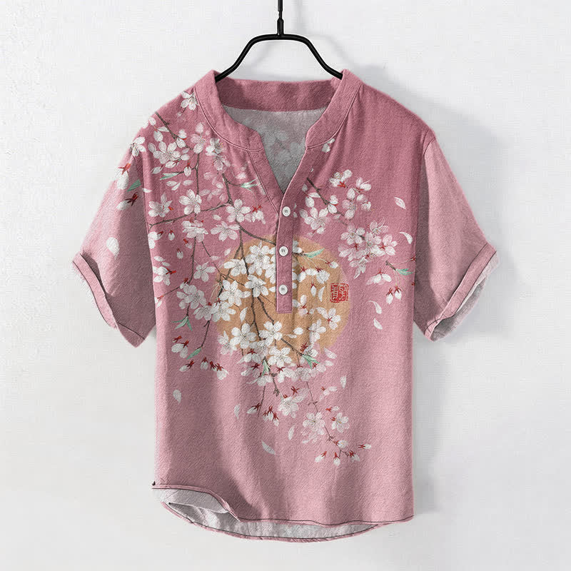 Buddha Stones Cotton Sakura Branch Sun Pattern Men's Short Sleeve Half Button Shirt - PaleVioletRed - US/UK/AU50,EU60 (5XL) - image 0