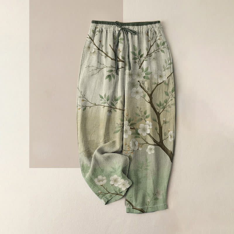 Buddha Stones Pure Cotton Ink Blossom Branch Pattern Women's Elastic Waist Pants With Pockets - PaleGreen - US16,UK/AU20,EU48 (3XL) - image 3