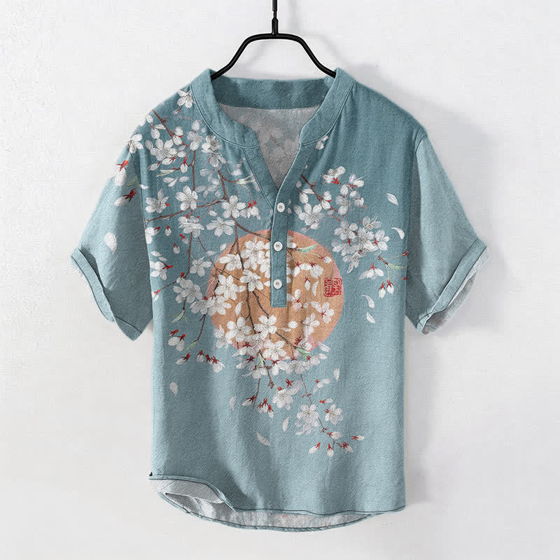 Buddha Stones Cotton Sakura Branch Sun Pattern Men's Short Sleeve Half Button Shirt - CadetBlue - US/UK/AU50,EU60 (5XL) - image 5