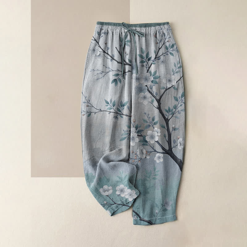 Buddha Stones Pure Cotton Ink Blossom Branch Pattern Women's Elastic Waist Pants With Pockets - CadetBlue - US16,UK/AU20,EU48 (3XL) - image 4