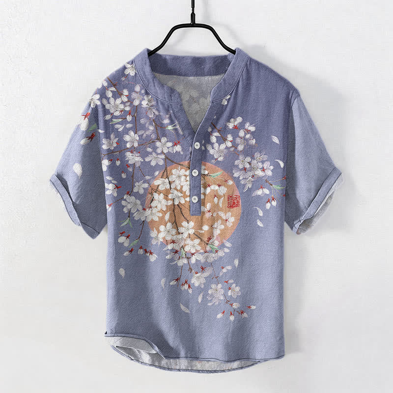 Buddha Stones Cotton Sakura Branch Sun Pattern Men's Short Sleeve Half Button Shirt - MediumPurple - US/UK/AU50,EU60 (5XL) - image 7