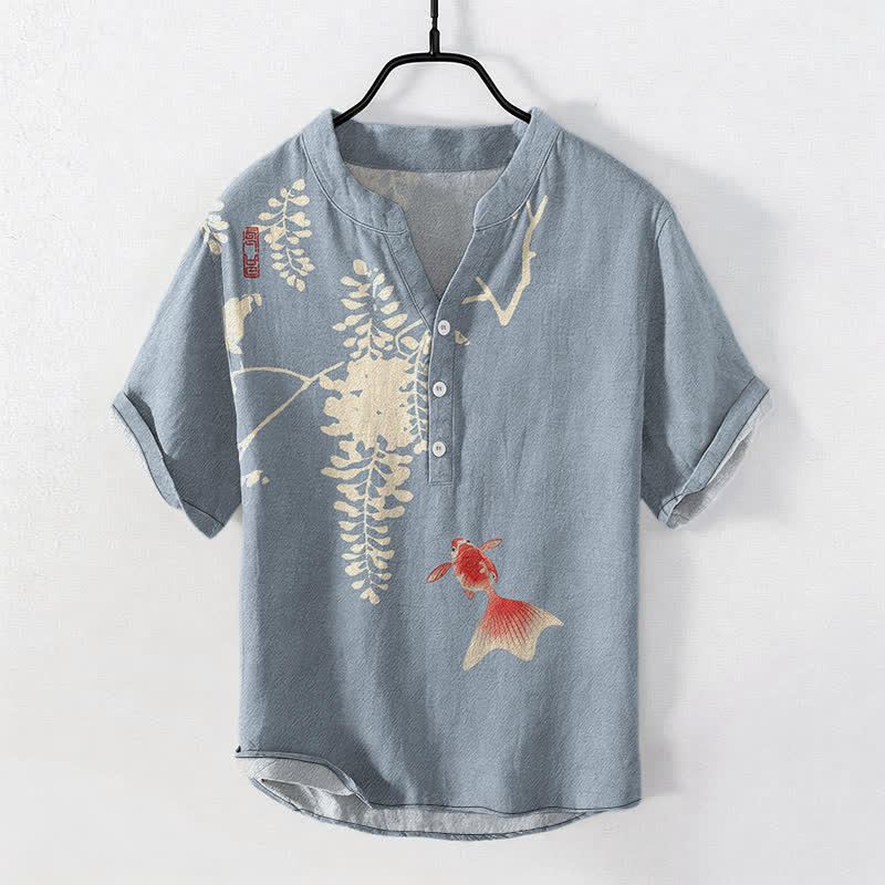 Buddha Stones Cotton Koi Fish Floral Vine Pattern Men's Short Sleeve Half Button Shirt - LightBlue - US/UK/AU50,EU60 (5XL) - image 0