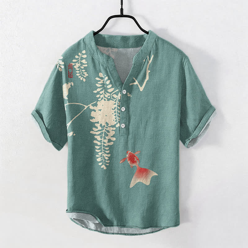 Buddha Stones Cotton Koi Fish Floral Vine Pattern Men's Short Sleeve Half Button Shirt - MediumAquamarine - US/UK/AU50,EU60 (5XL) - image 5
