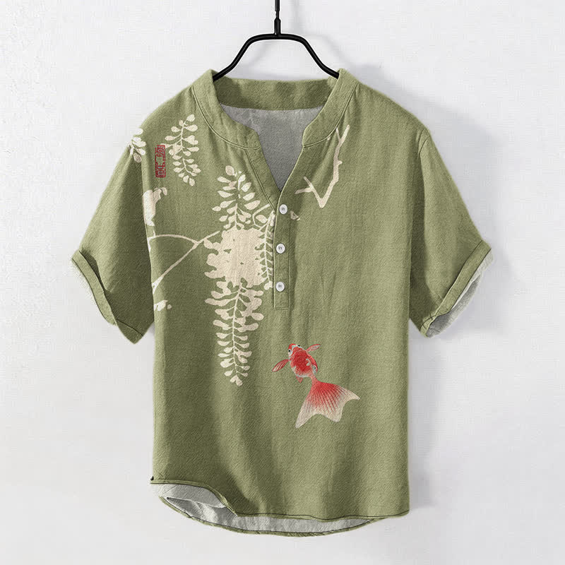 Buddha Stones Cotton Koi Fish Floral Vine Pattern Men's Short Sleeve Half Button Shirt - OliveDrab - US/UK/AU50,EU60 (5XL) - image 7