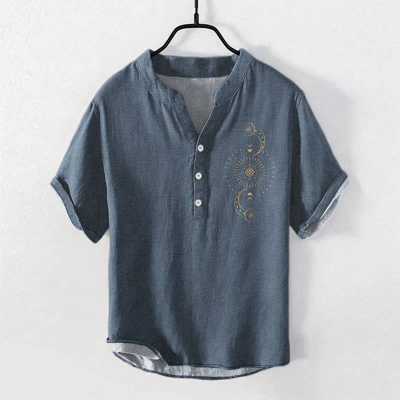 Buddha Stones Cotton Sun Moon Star Pattern Men's Short Sleeve Half Button Shirt - SteelBlue - US/UK/AU50,EU60 (5XL) - image 0
