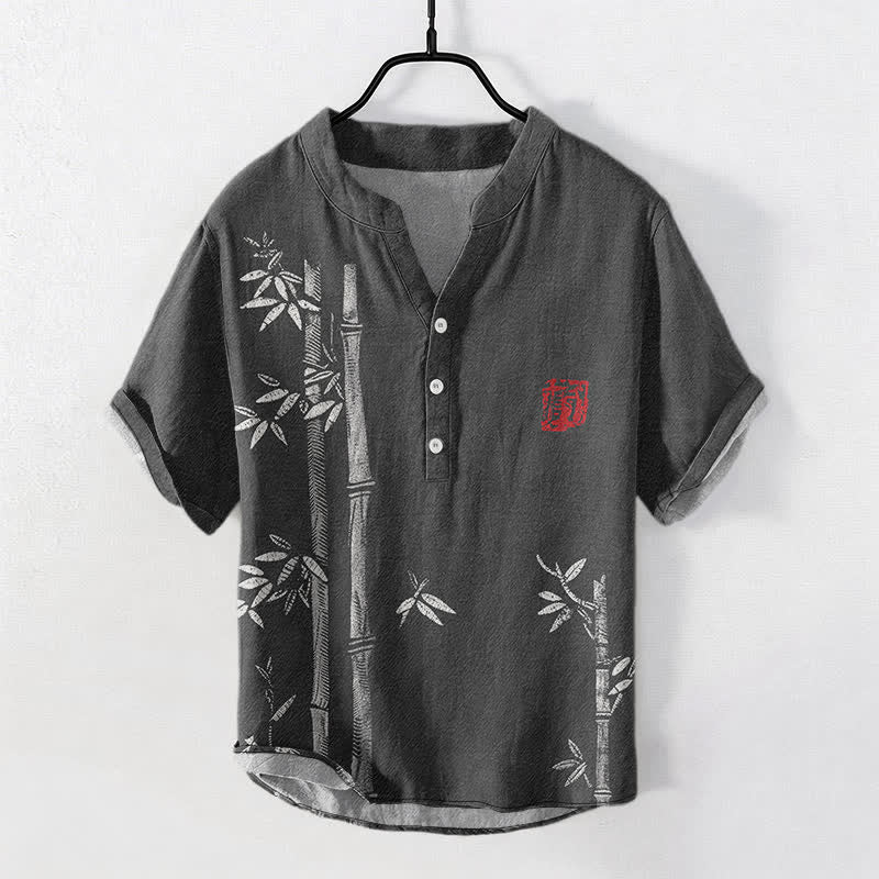 Buddha Stones Cotton Ink Bamboo Pattern Men's Short Sleeve Half Button Shirt - Black - US/UK/AU50,EU60 (5XL) - image 0