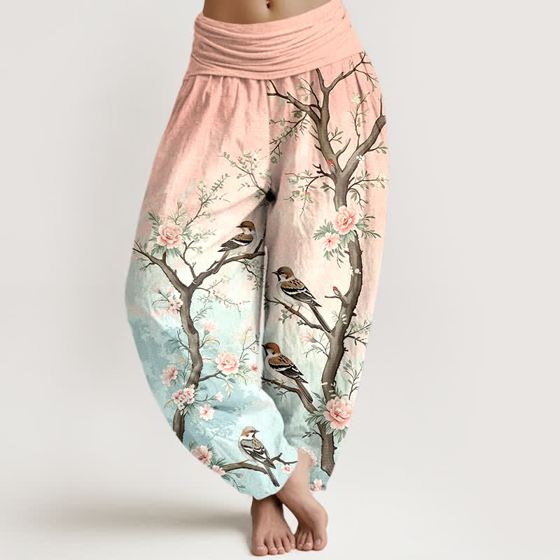 Buddha Stones Cotton Oriental Blossom Bird Branch Pattern Women's Elastic Waist Harem Pants - LightPink - US16,UK/AU20,EU48 (3XL) - image 0