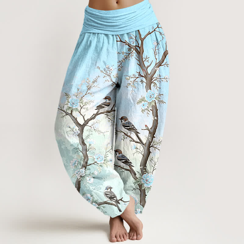 Buddha Stones Cotton Oriental Blossom Bird Branch Pattern Women's Elastic Waist Harem Pants - Cyan - US16,UK/AU20,EU48 (3XL) - image 8