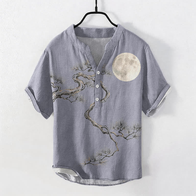 Buddha Stones Cotton Ink Moon Pine Pattern Men's Short Sleeve Half Button Shirt - LightSteelBlue - US/UK/AU50,EU60 (5XL) - image 0