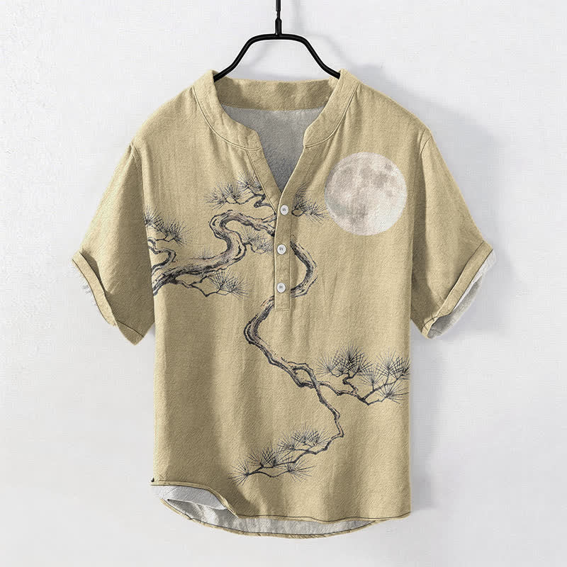 Buddha Stones Cotton Ink Moon Pine Pattern Men's Short Sleeve Half Button Shirt - Khaki - US/UK/AU50,EU60 (5XL) - image 5