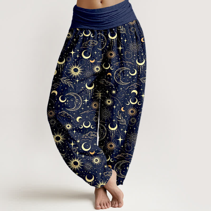 Buddha Stones Cotton Moon Sun Stars Pattern Women's Elastic Waist Harem Pants - Navy - US16,UK/AU20,EU48 (3XL) - image 0
