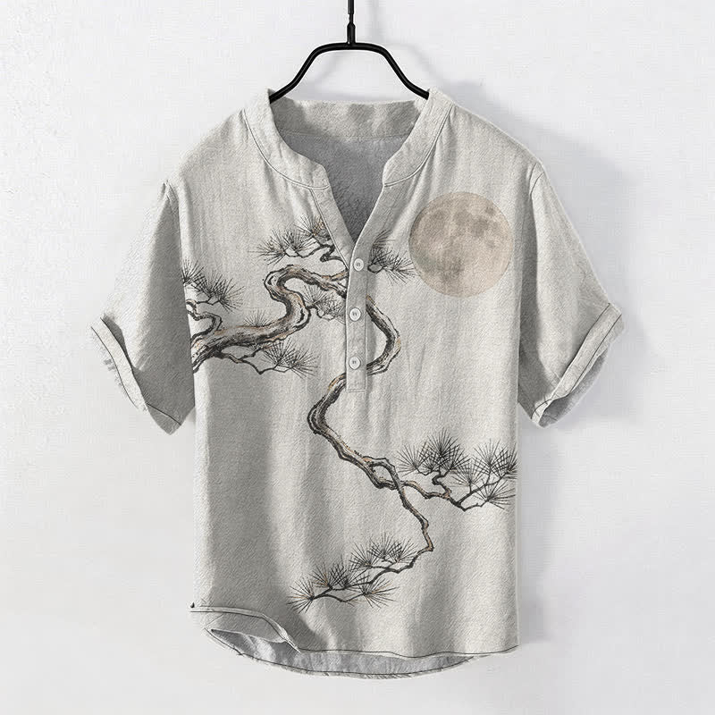 Buddha Stones Cotton Ink Moon Pine Pattern Men's Short Sleeve Half Button Shirt - Ivory - US/UK/AU50,EU60 (5XL) - image 7