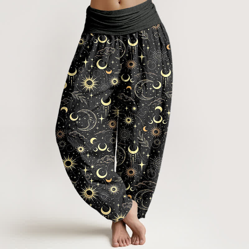Buddha Stones Cotton Moon Sun Stars Pattern Women's Elastic Waist Harem Pants - Black - US16,UK/AU20,EU48 (3XL) - image 5