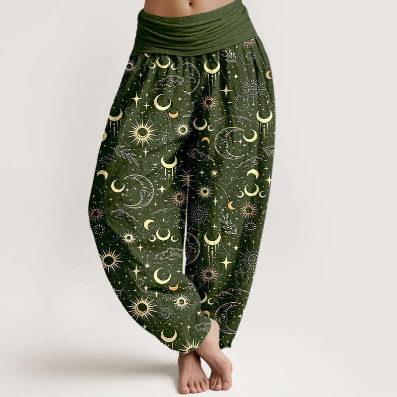 Buddha Stones Cotton Moon Sun Stars Pattern Women's Elastic Waist Harem Pants - DarkOliveGreen - US16,UK/AU20,EU48 (3XL) - image 8