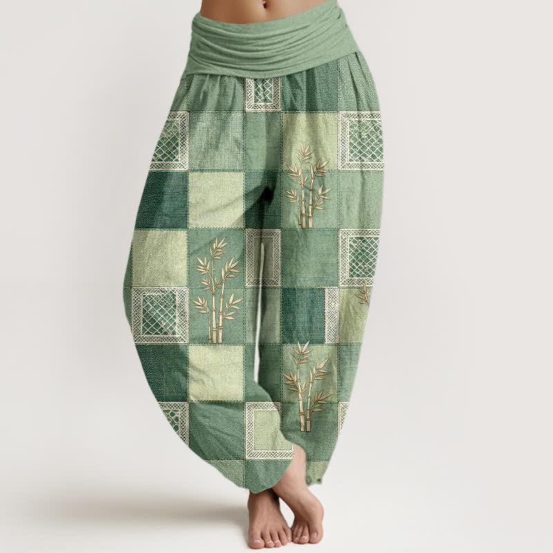 Buddha Stones Cotton Bamboo Patchwork Pattern Women's Elastic Waist Harem Pants - LightGreen - US16,UK/AU20,EU48 (3XL) - image 0