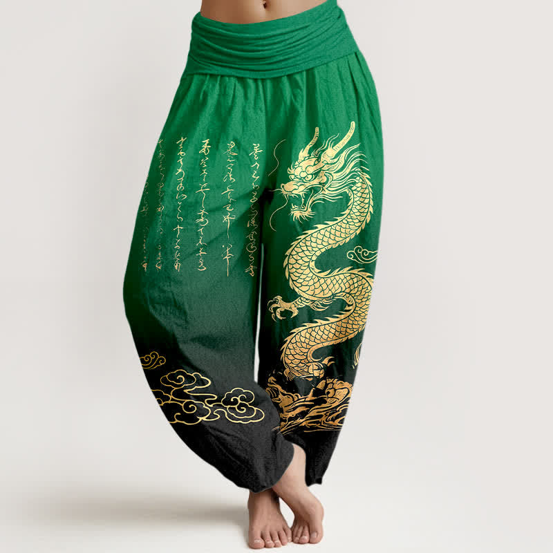 Buddha Stones Cotton Golden Dragon Cloud Pattern Women's Elastic Waist Harem Pants - Green - US16,UK/AU20,EU48 (3XL) - image 5