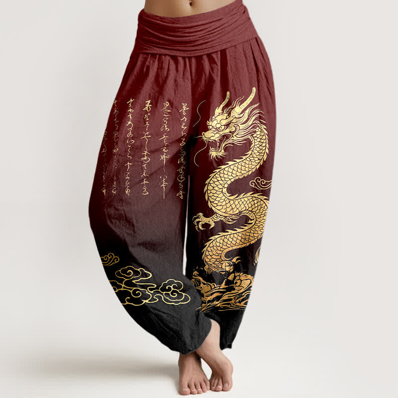 Buddha Stones Cotton Golden Dragon Cloud Pattern Women's Elastic Waist Harem Pants - Maroon - US16,UK/AU20,EU48 (3XL) - image 8