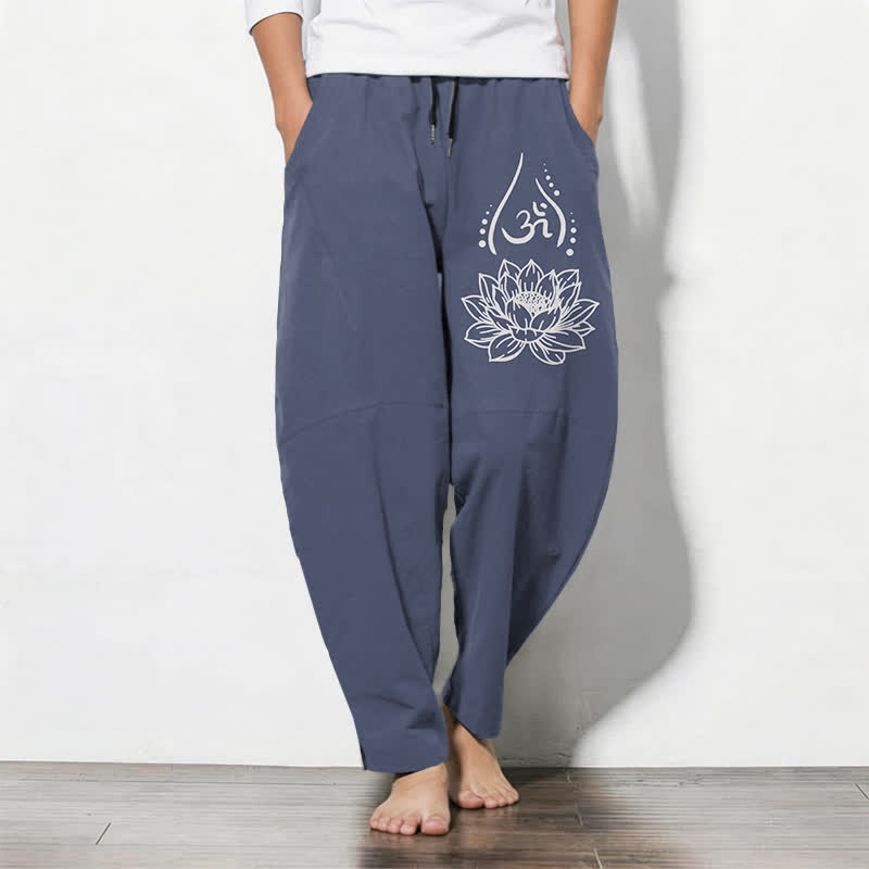Buddha Stones Pure Cotton Sacred Lotus Om Pattern Drawstring Men's Tapered Pants With Pockets - SteelBlue - US/UK/AU50,EU60 (5XL) - image 0