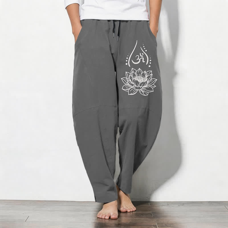 Buddha Stones Pure Cotton Sacred Lotus Om Pattern Drawstring Men's Tapered Pants With Pockets - Gray - US/UK/AU50,EU60 (5XL) - image 7