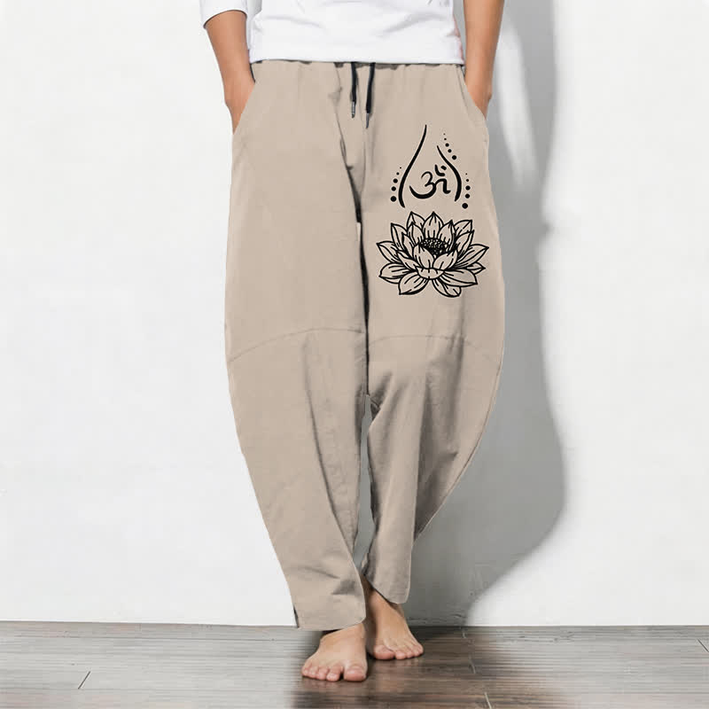 Buddha Stones Pure Cotton Sacred Lotus Om Pattern Drawstring Men's Tapered Pants With Pockets - Beige - US/UK/AU50,EU60 (5XL) - image 11