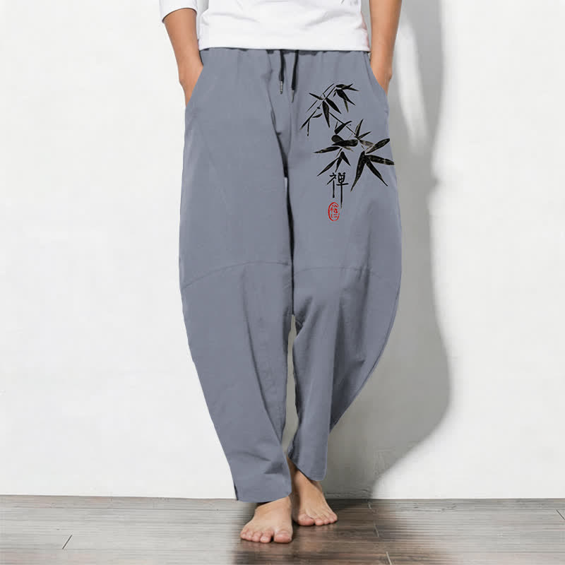 Buddha Stones Pure Cotton Zen Bamboo Leaf Pattern Drawstring Men's Tapered Pants With Pockets - SlateGray - US/UK/AU50,EU60 (5XL) - image 0