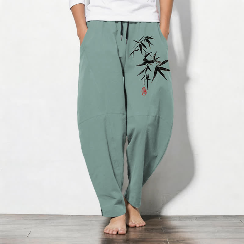 Buddha Stones Pure Cotton Zen Bamboo Leaf Pattern Drawstring Men's Tapered Pants With Pockets - MediumAquamarine - US/UK/AU50,EU60 (5XL) - image 7