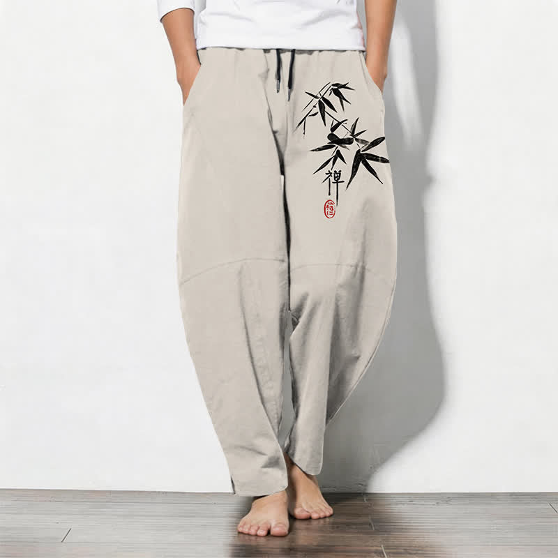 Buddha Stones Pure Cotton Zen Bamboo Leaf Pattern Drawstring Men's Tapered Pants With Pockets - Beige - US/UK/AU50,EU60 (5XL) - image 11