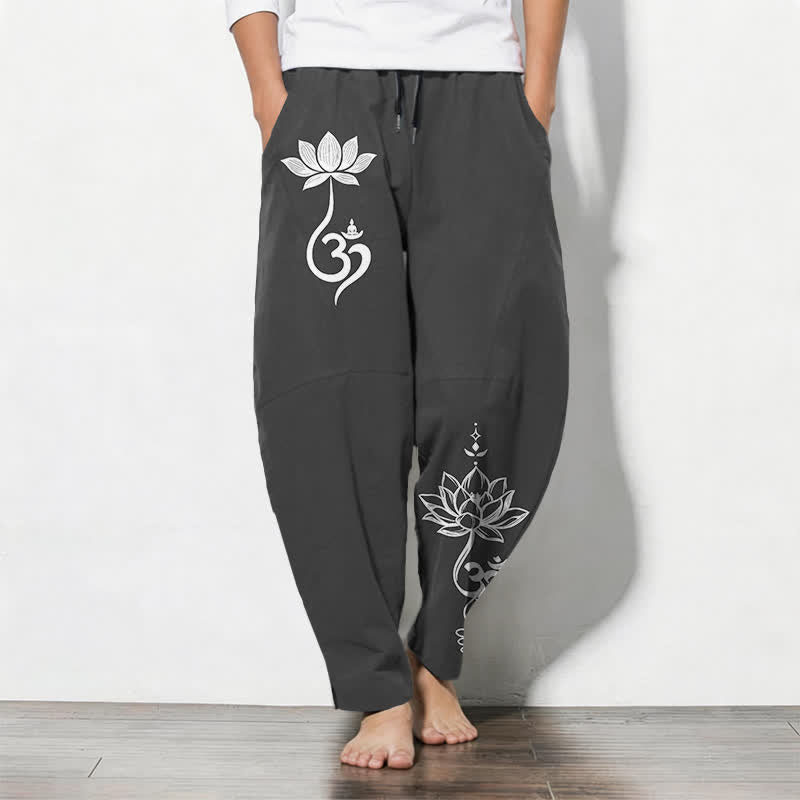 Buddha Stones Pure Cotton Zen Om Pattern Drawstring Men's Tapered Pants With Pockets - Black - US/UK/AU50,EU60 (5XL) - image 0