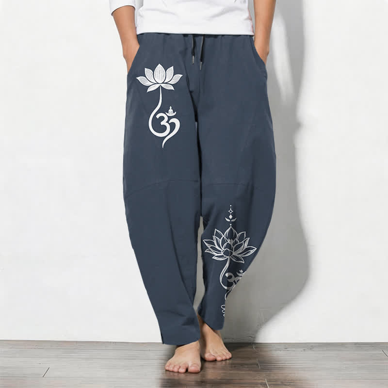 Buddha Stones Pure Cotton Zen Om Pattern Drawstring Men's Tapered Pants With Pockets - Navy - US/UK/AU50,EU60 (5XL) - image 7