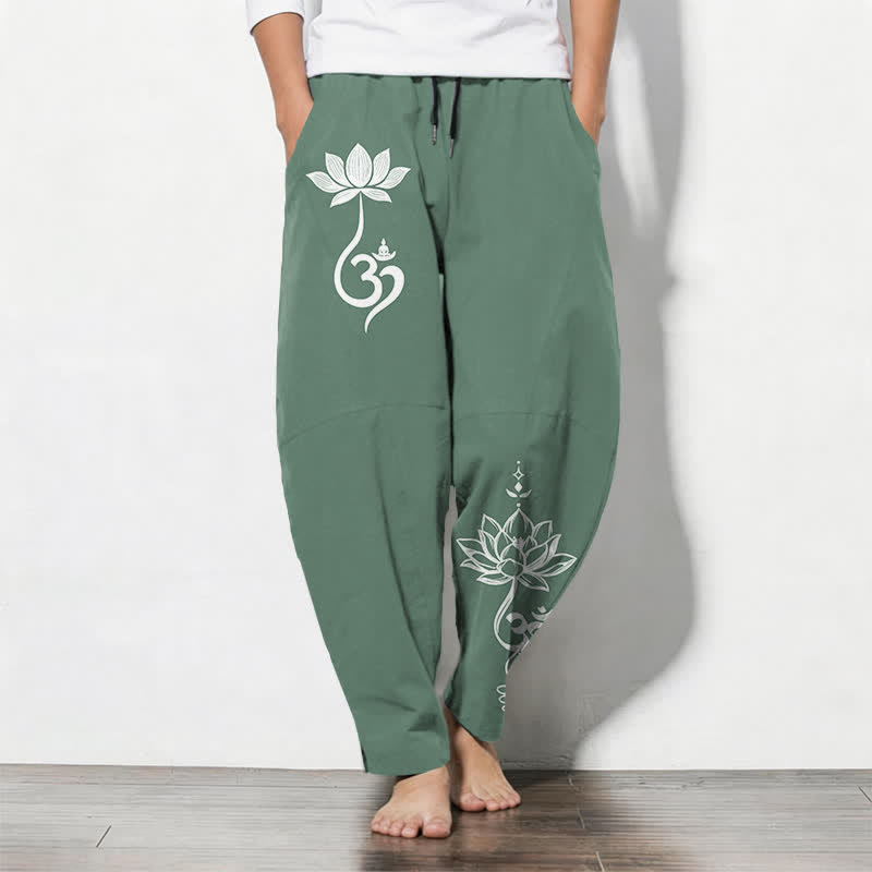 Buddha Stones Pure Cotton Zen Om Pattern Drawstring Men's Tapered Pants With Pockets - SeaGreen - US/UK/AU50,EU60 (5XL) - image 11