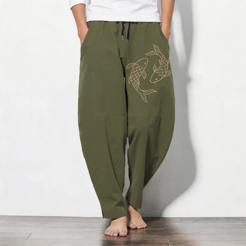 Buddha Stones Pure Cotton Koi Fish Pattern Drawstring Men's Tapered Pants With Pockets - Olive - US/UK/AU50,EU60 (5XL) - image 0