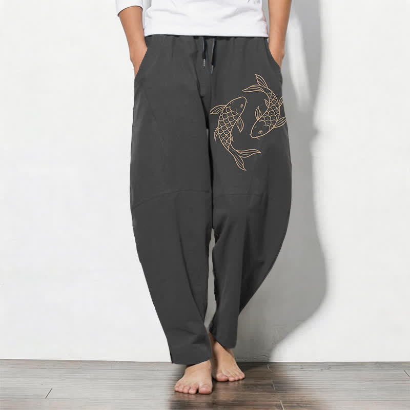 Buddha Stones Pure Cotton Koi Fish Pattern Drawstring Men's Tapered Pants With Pockets - DimGray - US/UK/AU50,EU60 (5XL) - image 7