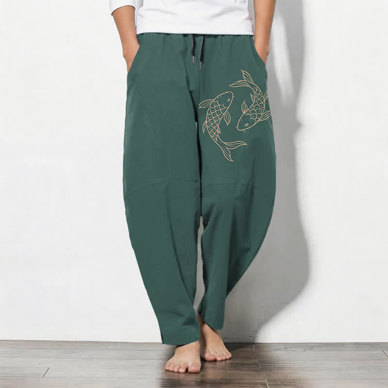 Buddha Stones Pure Cotton Koi Fish Pattern Drawstring Men's Tapered Pants With Pockets - Teal - US/UK/AU50,EU60 (5XL) - image 11