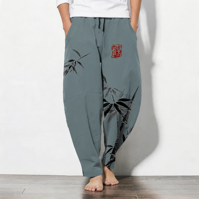 Buddha Stones Pure Cotton Oriental Ink Bamboo Pattern Drawstring Men's Tapered Pants With Pockets - CadetBlue - US/UK/AU50,EU60 (5XL) - image 0